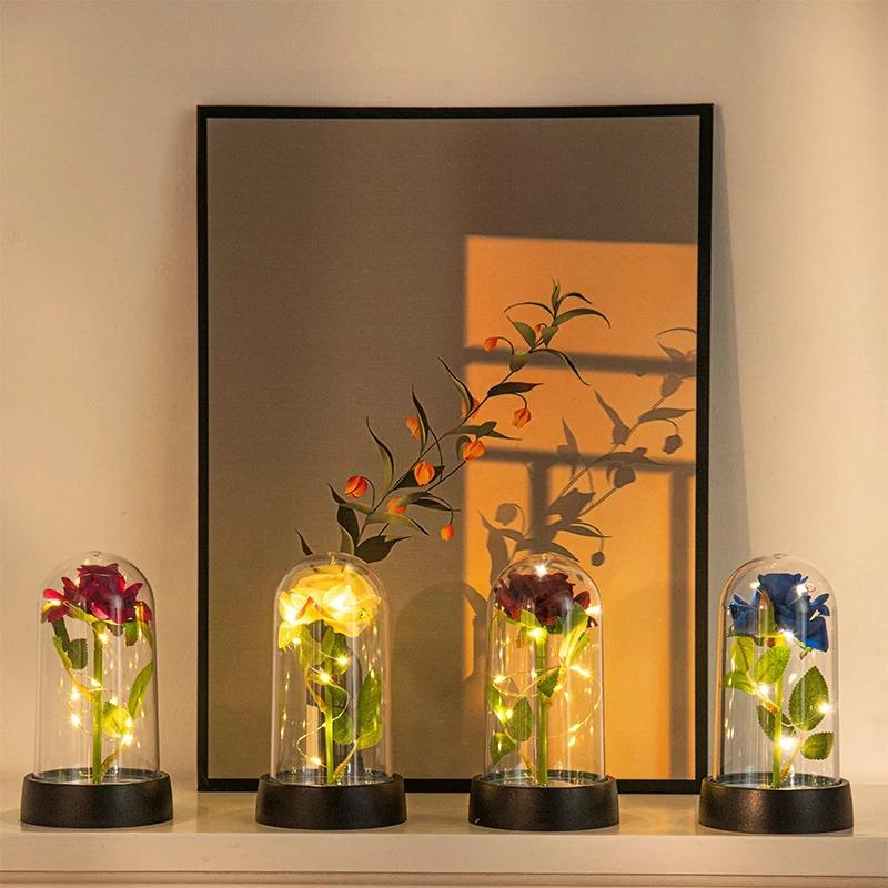 Eternal Rose Flowers Artificial Foil Flower in Glass Glow Immortal Flower LED Roses Lamp Flores Eternas Valentine's Day Gift Light Up Rose