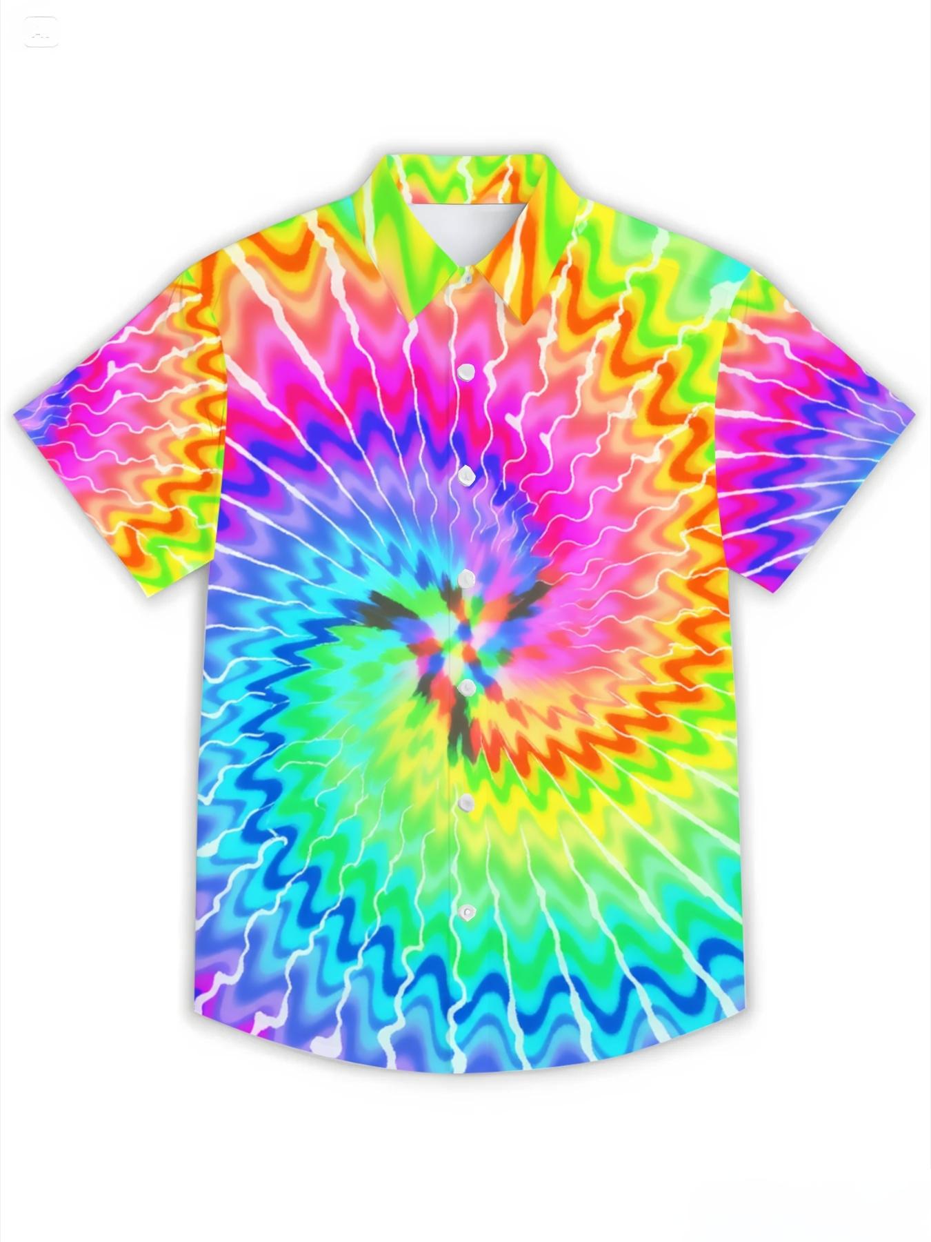 Rainbow Vortex Print Short Sleeve Shirt, Unisex, Summer Casual, Lightweight and Breathable, Colorful Pattern Design