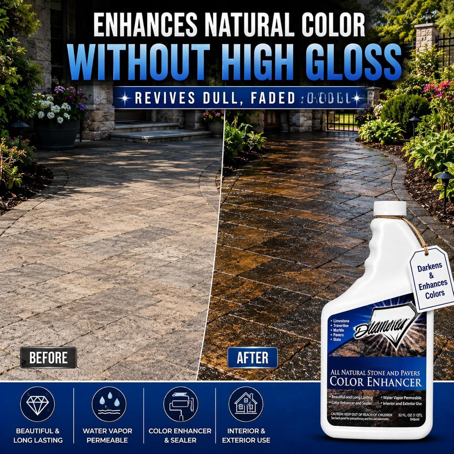 Color Enhancer Sealer for - Stone and Pavers. Marble, Travertine, Limestone, Granite, Slate, Concrete, Grout, Brick, Block. (1-Quart)