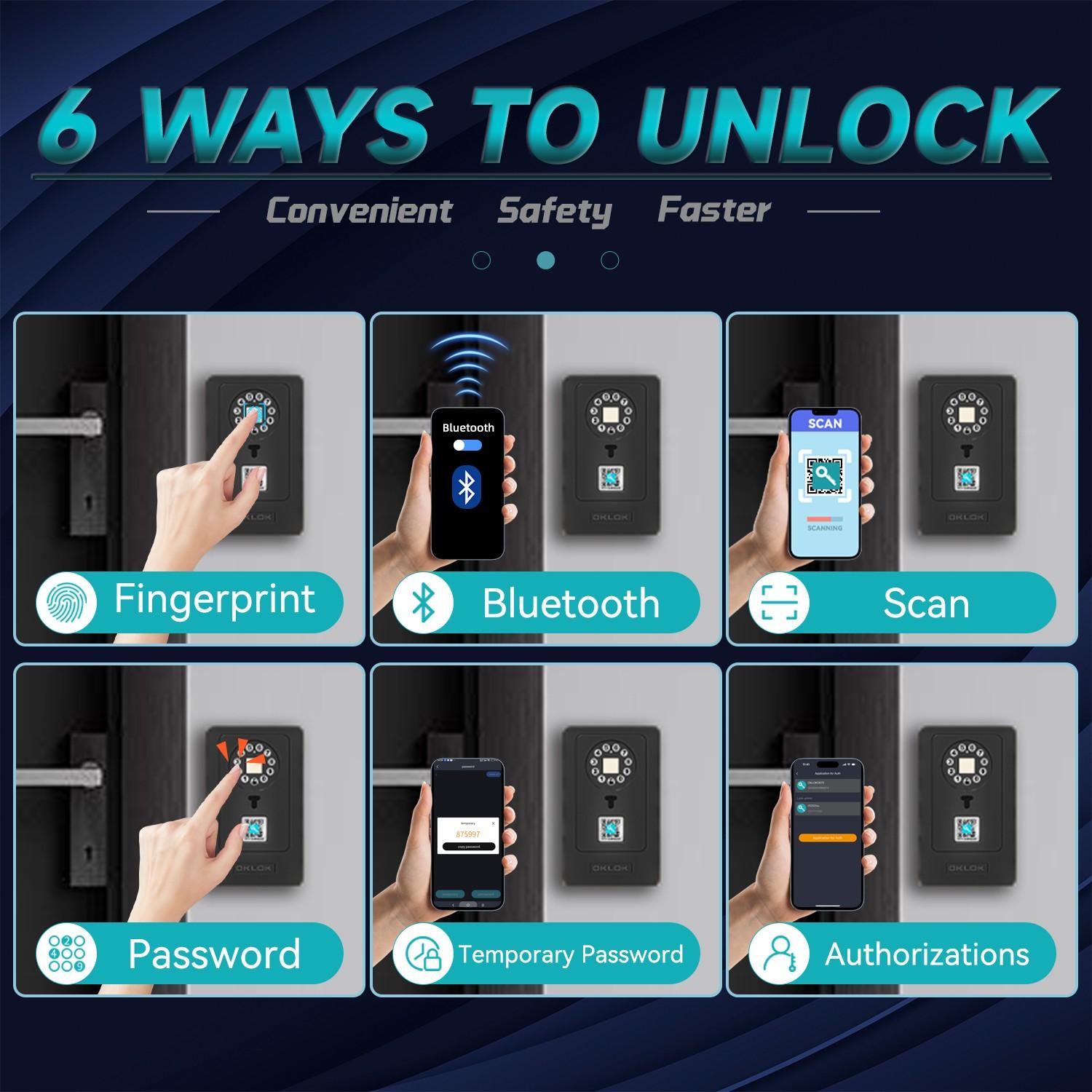 OKLOK New Smart Lock Boxes, Fingerprint Key Box, Bluetooth-compatible Key Box with APP Control & Passcode, Waterproof Wall Mounted & Door Hanging