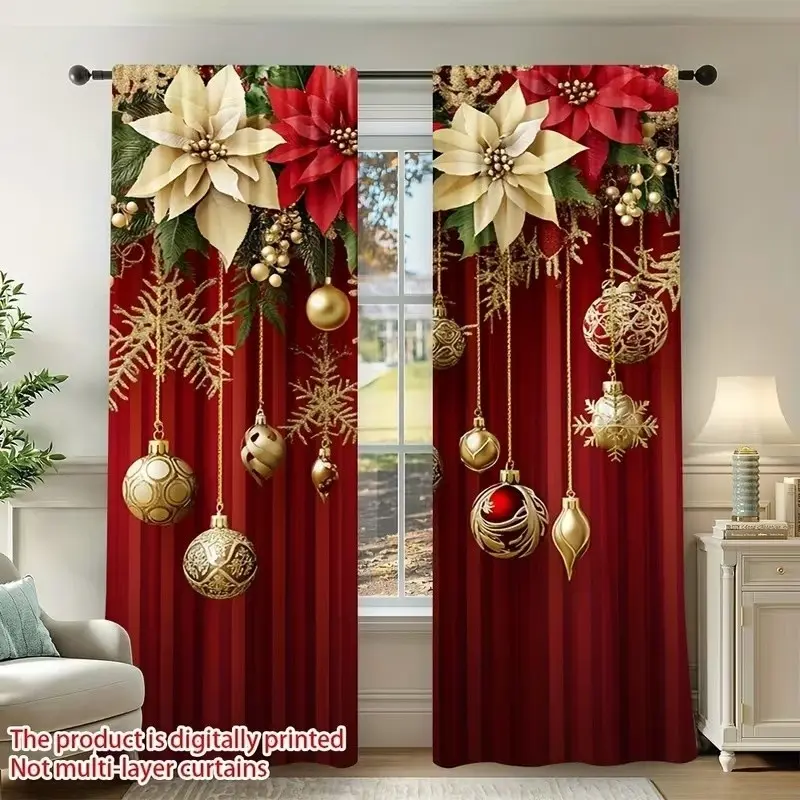 2-Piece Christmas Window Curtain Set, Floral Snowflake Pendant, Light Filtering, Privacy Protection, Semi-Transparent Rod Pocket Design