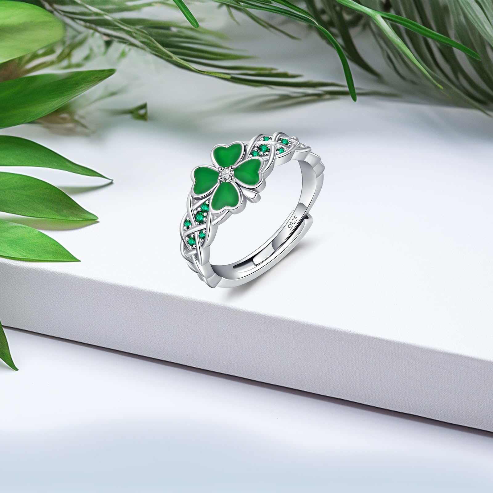 DRINSPER S925 Four-leaf Clover Ring Dainty Lucky Clover Ring with Cubic Zirconia Decor Celtic Knot Design Adjustable Ring St Patricks Day Fashion Green Love Diamond Crystal Jewelry Birthday Gift