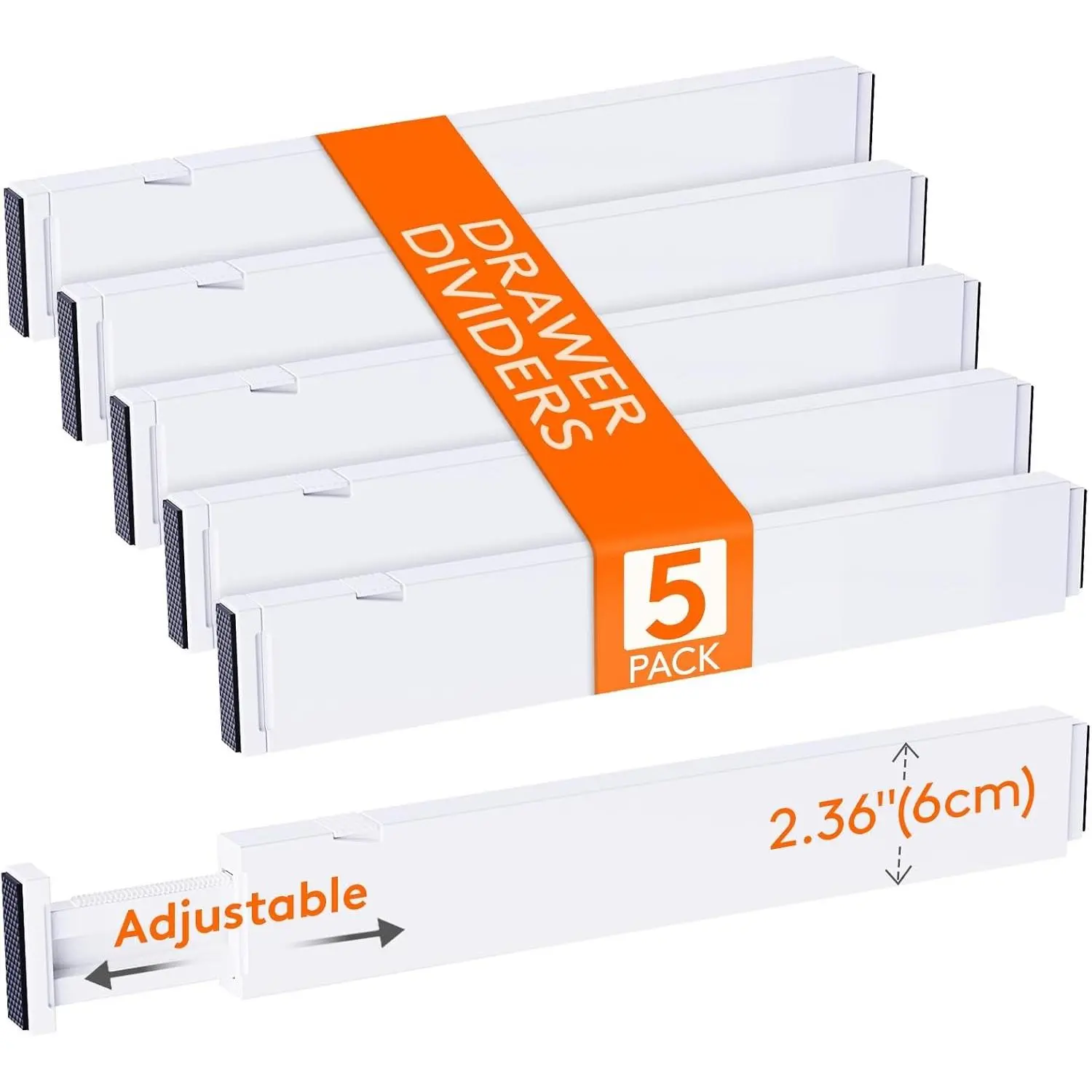 White Expandable Drawer Dividers (5-Pack) - 2.36" High, 40-56cm/16-22" Adjustable, Easy Installation, Organizer for Clothes/Utensils in Dresser/Kitchen (Menswear & Underwear Storage Solution)