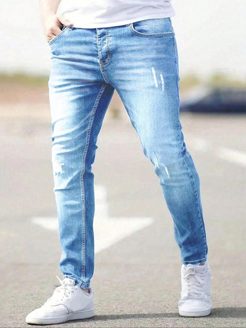 Big & Tall Men's Street-Style Light Blue Ripped Slim-Fit Jeans. Classic fit combined with simple street-style rips, offering casual yet fashionable vibes, perfect for men's daily wear and casual outings.