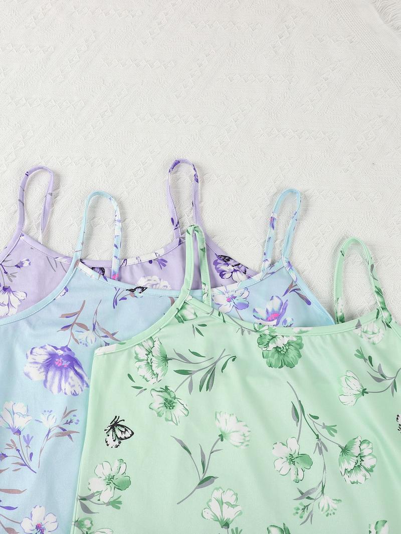 Women's All Over Floral & Butterfly Print Loungewear Set, Regular Fit Casual Comfy Spaghetti Strap Backless Camisole & Elastic Waist Shorts PJ Set, Ladies Sleepwear for Summer, Lingerie Sets