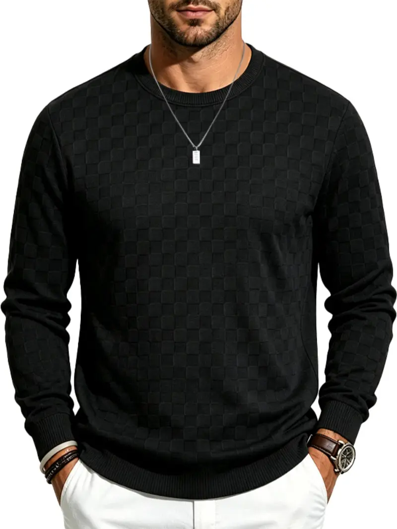 4-Pack Men's Plaid Knit Sweatshirts, Textured Grid Pattern Long Sleeve, Soft Lightweight Casual Top, Ideal for Fall Winter Streetwear 4-Pack Men's Plaid Knit Sweatshirts, Textured Grid Pattern Long Sleeve, Soft Lightweight Casual Top, Ideal for Fall Winter Streetwear