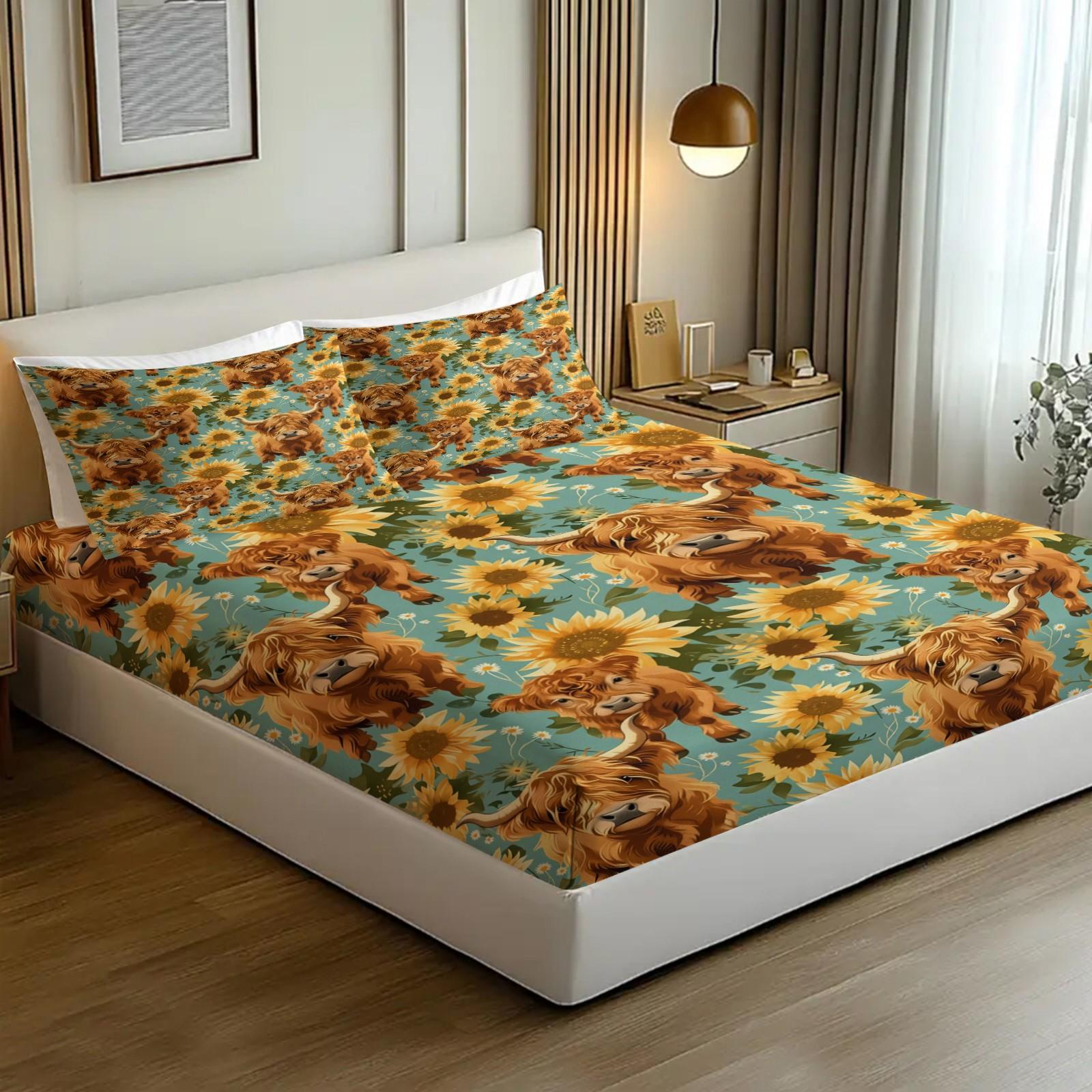 3-Piece Highland Cow & Sunflower Fitted Sheet Set, 1 Fitted Sheet + 2 Pillowcases, Soft Breathable Fabric, Non-Slip Mattress Cover, Floral Cow Bedding, Perfect for Teen Bedroom, Farmhouse Room Decor