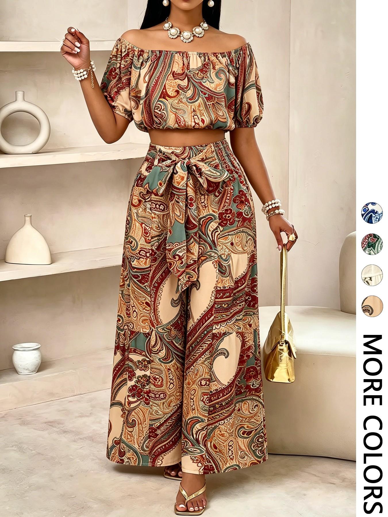 Women's Summer Paisley Print Bohemian Vintage Chic Vacation Two-Piece Set Outfit, Off-Shoulder Bubble Sleeve Crop Top + High Waist Drawstring Wide Leg Pants Women's Summer Paisley Print Bohemian Vintage Chic Vacation Two-Piece Set Outfit, Off-Shoulder Bubble Sleeve Crop Top + High Waist Drawstring Wide Leg Pants