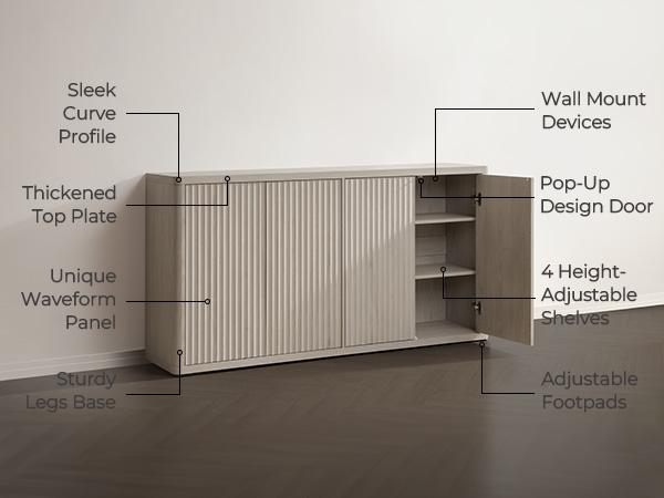 SICOTAS Buffet Cabinet with Storage Accent Sideboard with 4 Doors 66.3" Wide Fluted Credenza Modern Buffet Table Media Console Cabinet Entryway Cabinets for Living Room Kitchen Dining Room Hallway, Minimalist and Practical
