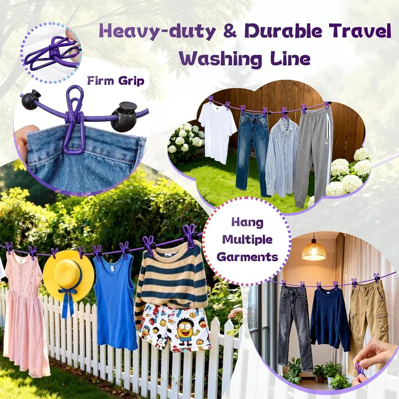 Stainless Steel Foldable Portable Travel Clothesline - 1.8m (5.9ft) Retractable Nylon Rope, 12 Adjustable Clips, Slip-Resistant Windproof Compact Fold Laundry Tool for Camping, Clothes Drying, Home Laundry Room Accessories