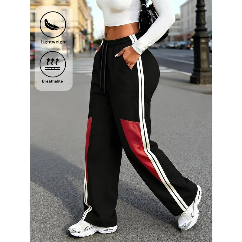 Female Workout Joggers Pants - Retro Y2K Wide-Leg Sports Street Fashion Joggers with Dual Side Striped Trims, Adjustable Drawstring Waist, Convenient Hand Pockets, Light-Breathable for Running, Summer Daily Wear