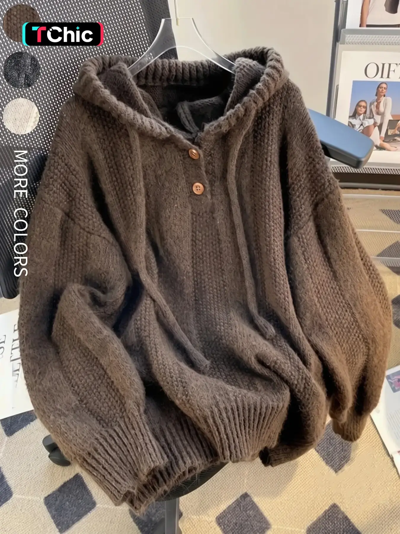Women's Oversized Loose Baggy Hooded Button-Up Pullover Sweater, Adjustable Drawstring Long Sleeve Chunky Thick Knit Jumper, Warm Cozy Solid Color Top for Autumn and Winter