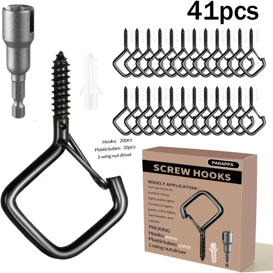 41pcs Q-Hanger with Safety Buckle - Outdoor String Light Screw Fasteners for Hanging Christmas Lights, Plants, Wall/Ceiling Mounted Casual Metal Hooks with Easy Installation, Includes 1 Wing Nut Driver