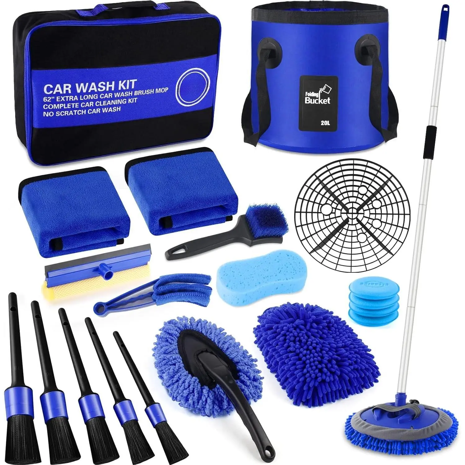 21 count  Wash Kit,62"  Wash Brush Mop with Long Handle, Cleaning Kit, Detailing Brush Set, Wash Bucket with Filter,Windshield Window  for  RV  Boat (Blue)
