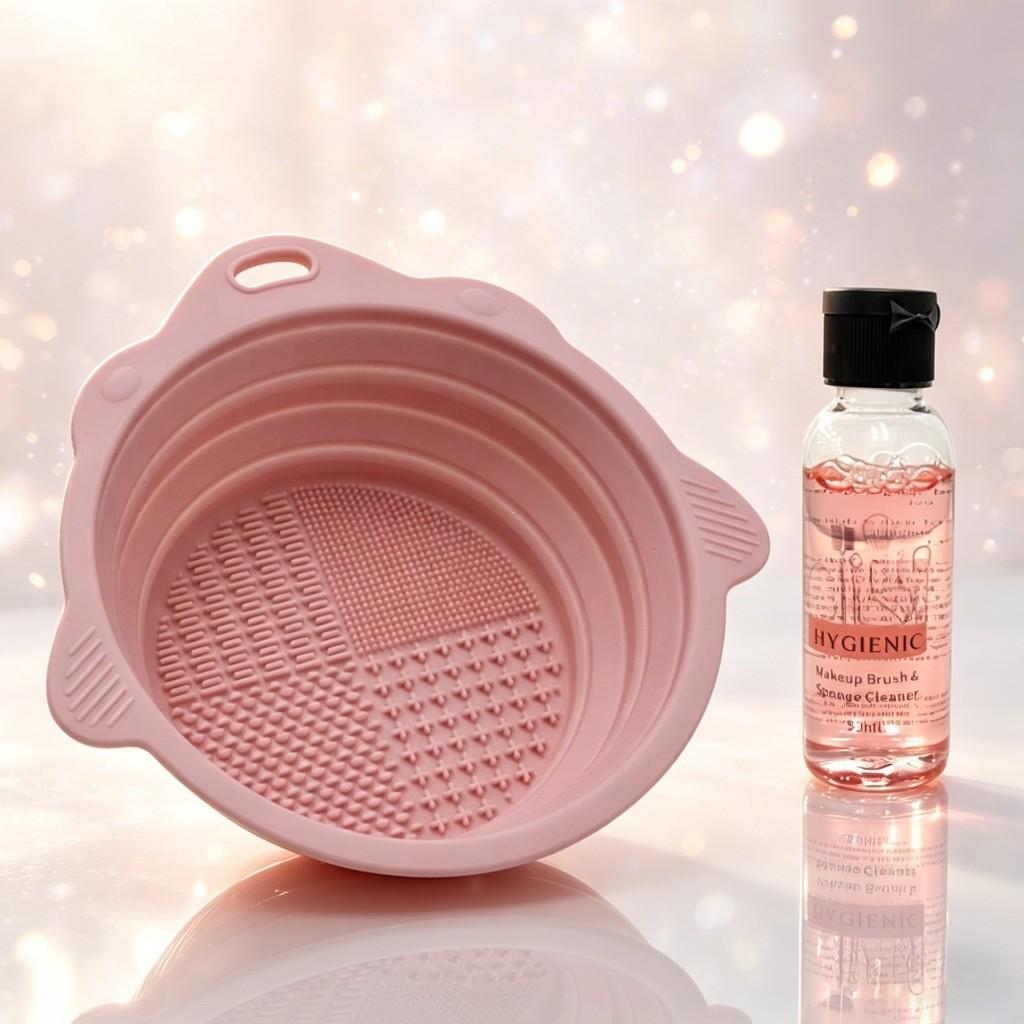 Makeup Brush and Beauty Sponge Cleaning Bowl, Stainless Steel Frame, Plastic Material, Includes Cleaner Liquid, One-Stop Solution