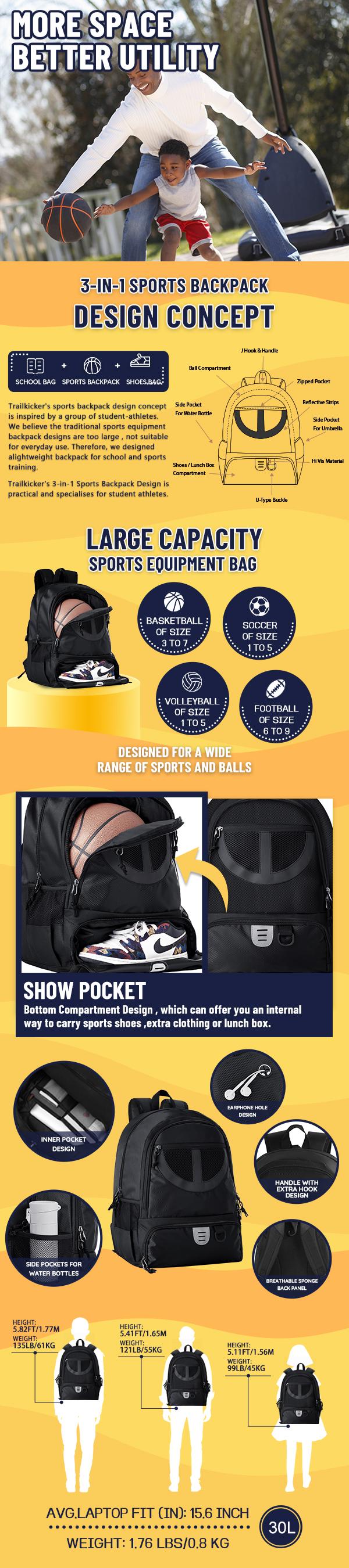Multi functional backpack for sports, travel, commuting, school, etc., suitable for both men and women, equipped with shoe accessories and shoe storage area, with a capacity of 30L, light weight, good breathability