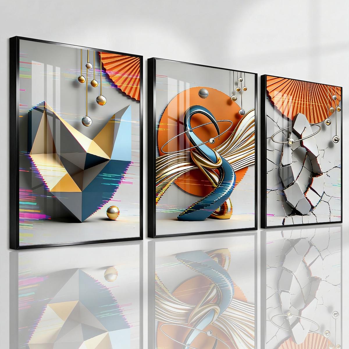 3 Counts Aluminum Alloy Framed Painting, Modern Geometric Abstract Art Pictures, Home Decoration For Living Room, Bedroom, Office, Restaurant, Hallway Wall Decor, Odorless Print Artwork, Luxury Perfect Gift For Friends And Family