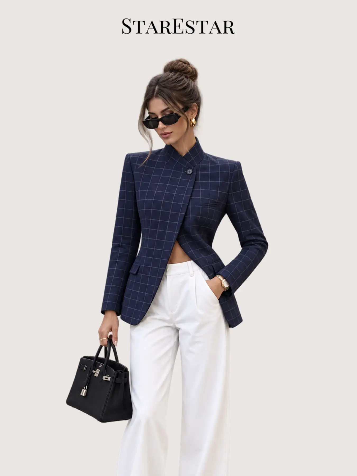 Women's Unique Asymmetric Plaid Blazer, Long Sleeve Stand Collar Deep Blue Check Suit, Office Street Style, Perfect for Commute, Casual Wear