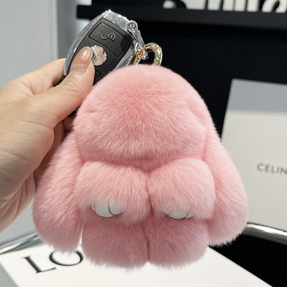 Cute Bunny Lulu Keychain Gray Pink Plush Fur Rabbit Bag Charm Kawaii Keyring Gift for Her Aesthetic Purse Decoration