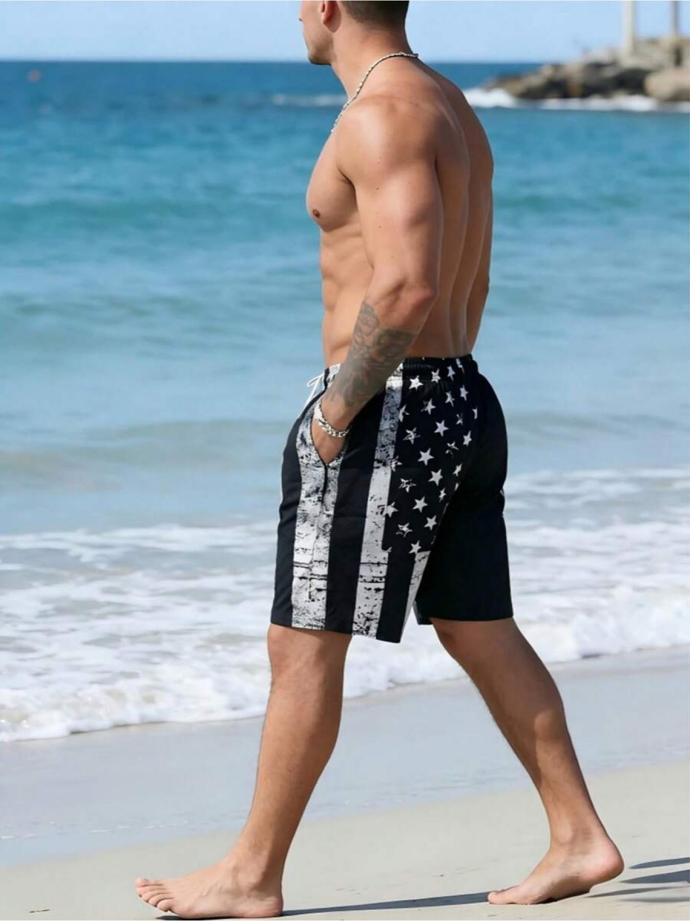 Men's Quick Dry National Flag Lining Elastic Waistband Drawstring Waist Casual Summer Fashion Sport Beach Swim Shorts Swimming Shorts, Suitable For Vacation, Beach, Pool, Outdoor Activities, Daily Wear