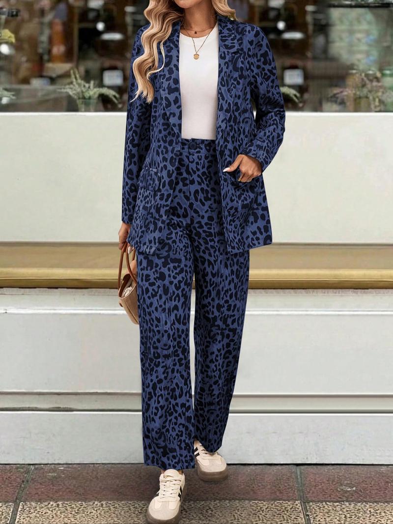 Women's Leopard Print Suit Two-Piece Set, Long Pants Ensemble, Stylish ...