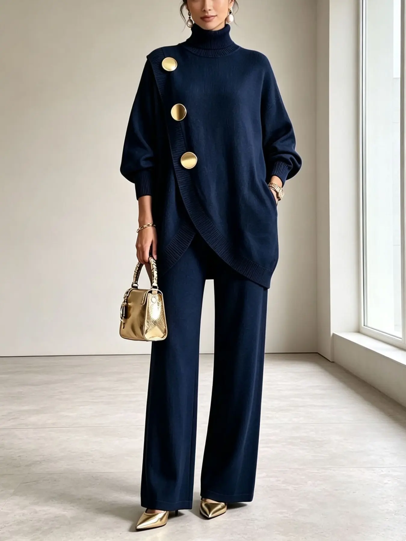 Autumn Winter High Neck Knit Top Set with Metal Buckles, Asymmetrical Wide Leg Pants Two-Piece for Women, Stylish and Comfortable