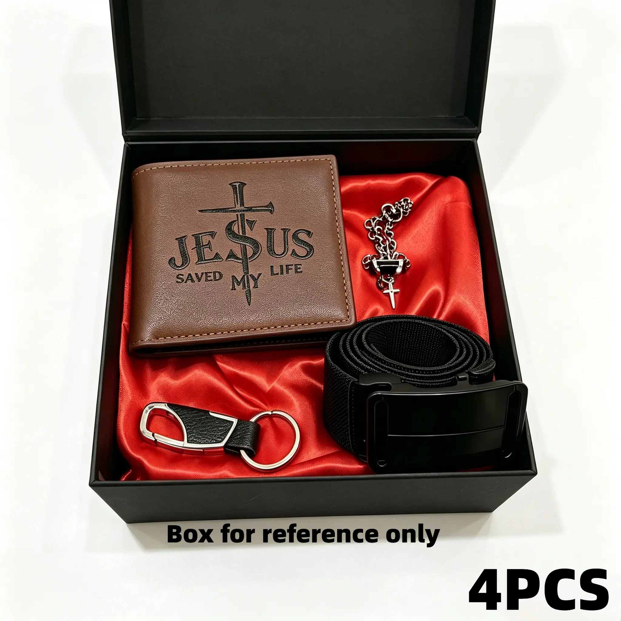Men's Bifold PU Leather Wallet Gift Set (4pcs) - Lightweight Metal Cross Pattern Keychain, Adjustable Nylon Belt, Engraved "Jesus Saved My Life", Religious Gift Box for Dad, Daily Wear Spiritual Christian Present