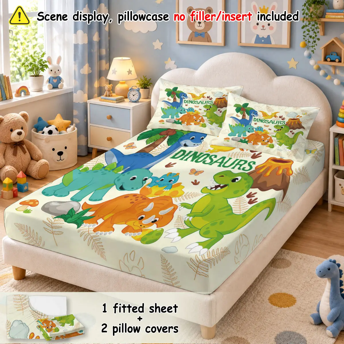 (1 fitted sheet + 2 pillowcases, no filler)Cartoon dinosaur print,Polyester fitted sheet 3-piece bedding set, all-season & machine washable, ideal for room decoration and birthday present for bedroom use