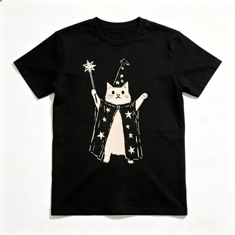Wizard Cat with Star Wand Vintage S~5XL Oversize Unisex Washed T-Shirt for Women and Men's Unisex Fit Batik Cotton Oversize Streetwear Menswear Super Soft Pre-Shrunk