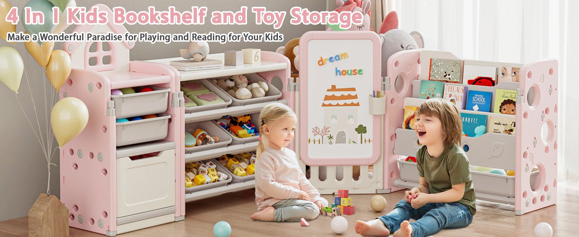 Kids Toy Storage Organizer with 10 Removable Bins, Foldable Toy Organizers and Storage with 3-Tier Bookshelf for Kids Toy Storage Organizer with Drawing Board, Extra 3 Brushes Organizing Room