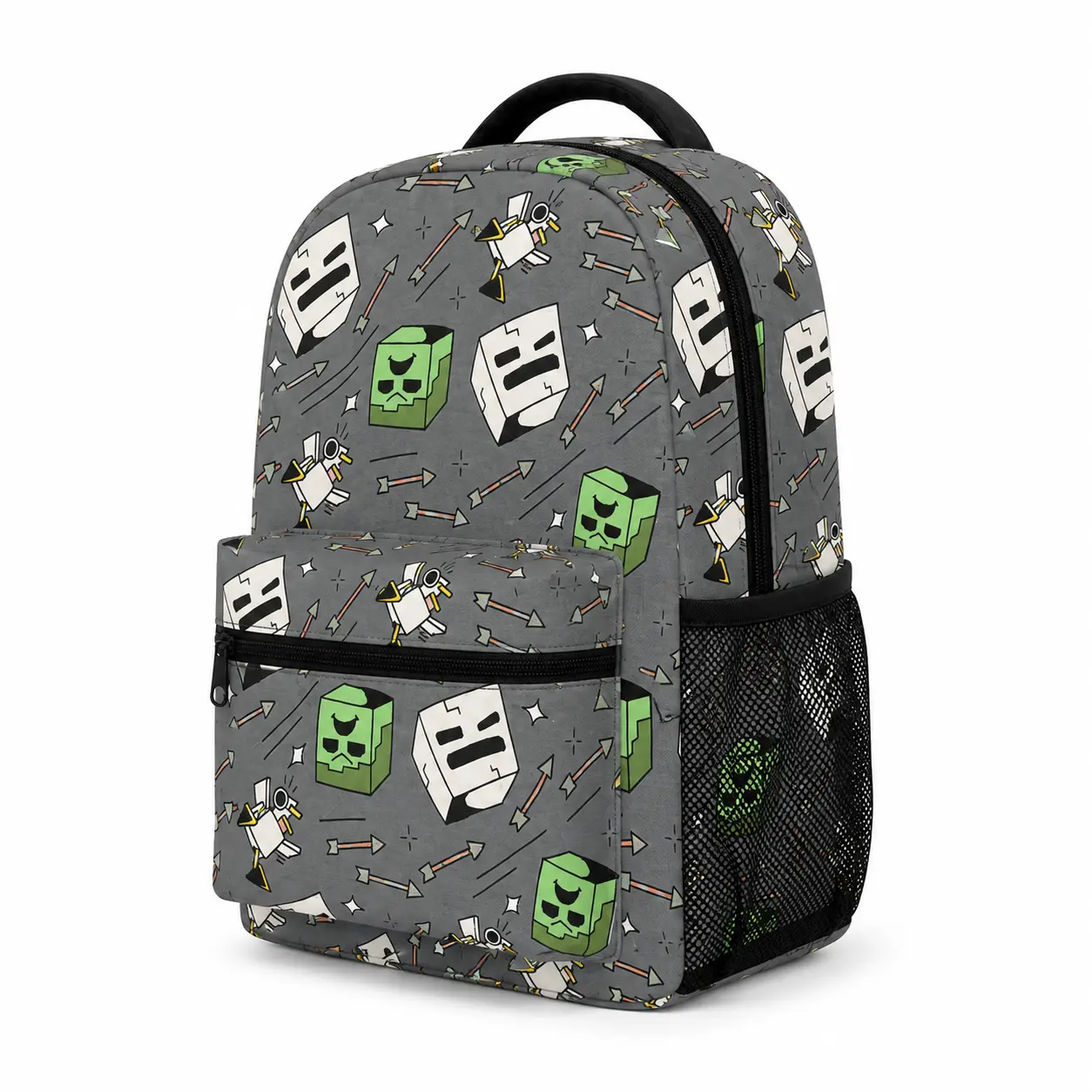 Gamer Block Backpack - Structured Shape, Cube Monster & Cartoon Arrow Prints, Adjustable Strap, Lightweight Zippered Daypack for Students with Side Pockets, Front Pocket, Top Handle, School Trips Gift