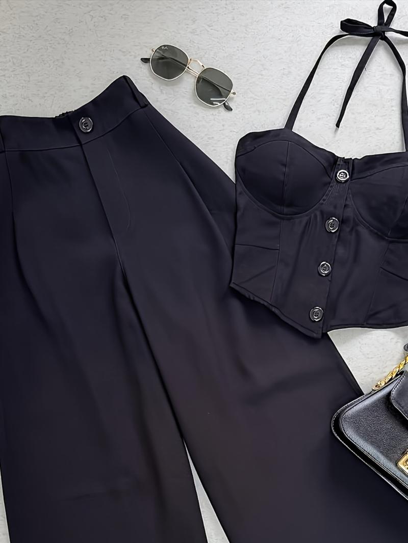 Spring Summer New Women's Fashion Solid Color Two-Piece Set Vest Long Pants, Casual Stylish, Perfect for Daily Wear