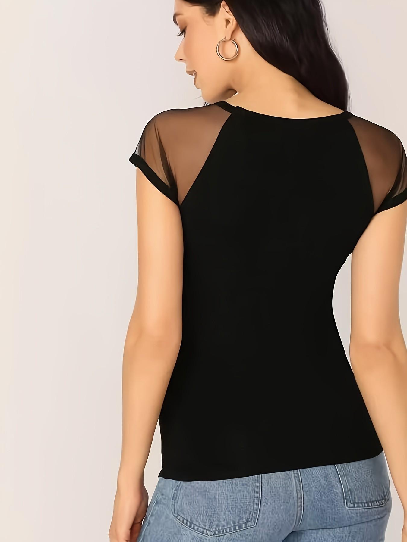 Elegant Women's Mesh Patchwork Round Neck Fitted Top, Stylish Casual Wear, Perfect for Daily, Comfortable and Trendy