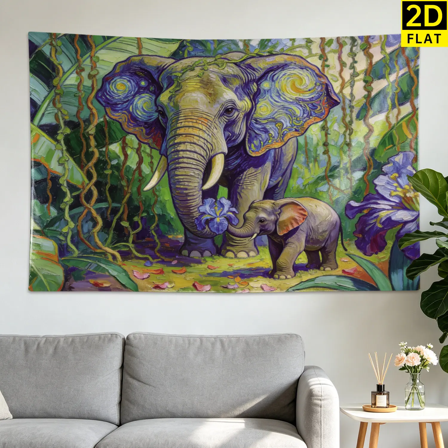 Starry Night Elephant Jungle Wall Tapestry - Large Printed Horizontal Polyester Decor Artwork, No-Installation Room Decor Wall Hanging for Living Room, Bedroom, Gift for Family