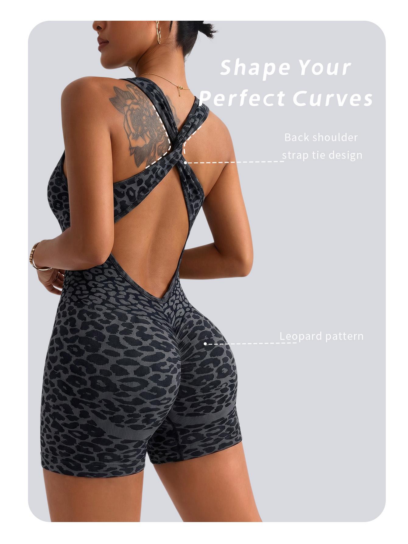Summer Seamless Leopard Print Yoga Jumpsuit, Cross Back Sporty One-Piece, High Waist Compression Wear, Above Knee Length, All Seasons, Fit Jumpsuits, Sleeveless Yoga Jumpsuit, Tight Fitting Jumpsuit
