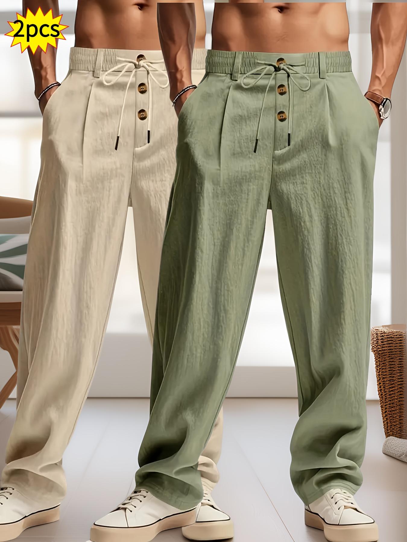 2 pieces men's plain-colored linen casual straight-leg pants, Casual Comfy Fashion, for spring, summer and autumn, with drawstring and faux buttons design, lightweight breathable, suitable for daily commuting, outdoor travel, fitness