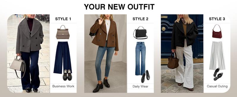 Tankaneo Womens Cropped Wool Blend Pea Coat Casual Long Sleeve Double Breasted Notched Lapel Overcoat Jackets