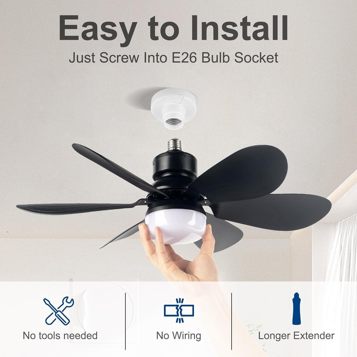 Portable Small Ceiling Fan Lamp with Remote Control, Adjustable Light Bulb, Suitable for Bedroom Kitchen Living Room, 20 Inch Screw Type