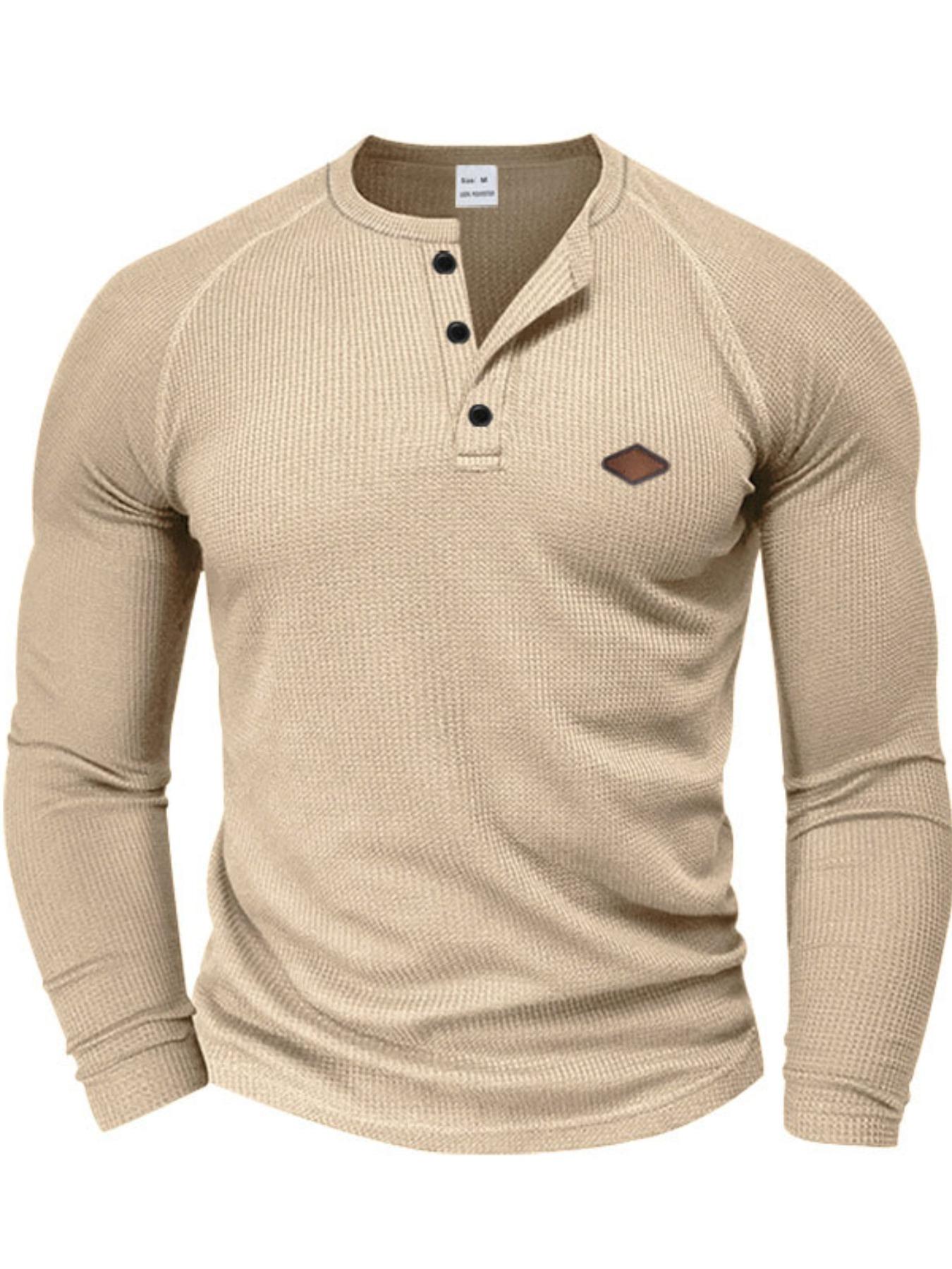 Men's Regular Fit Embroidery Half Placket Button Thumb Hole Design Henley Neck T-shirt, Casual Long Sleeve Tee for Spring & Fall, Fashion Men's Top for Daily Wear