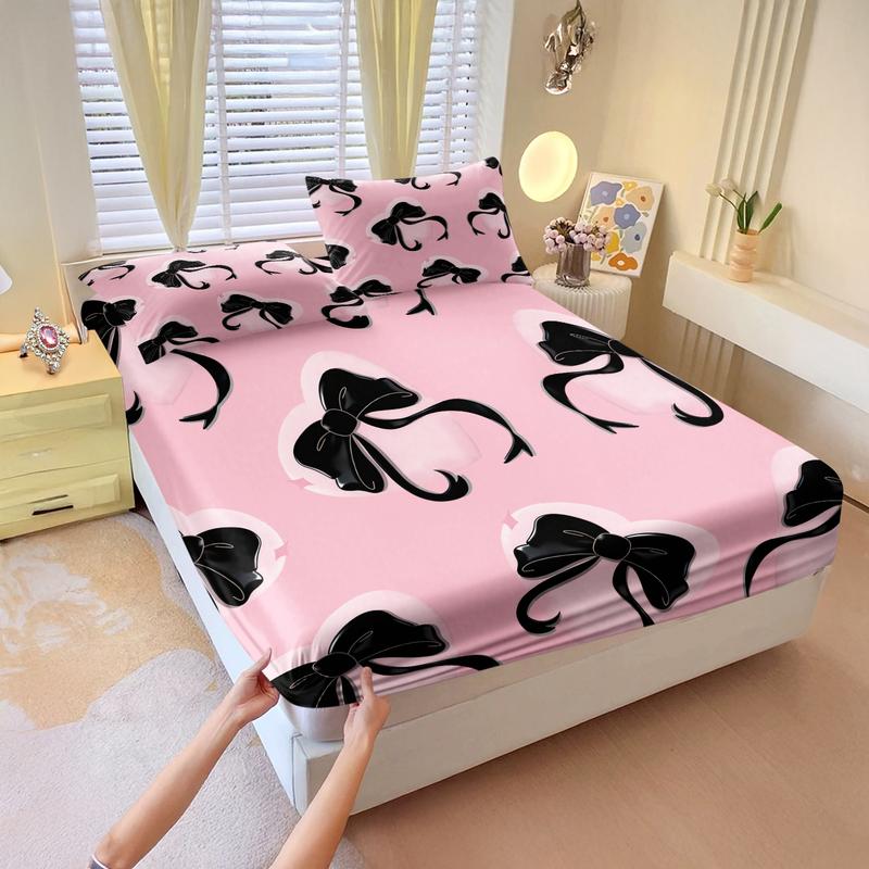 3-piece Bedding Set Features A Black Background With Pink Bow And Heart Prints, Including A Fitted Sheet And Two Unfilled Pillowcases. The Design Blends Two Elements, Creating A Romantic And Sweet Yet Cool Bedroom Décor, Gift Choice, Bed Sheet Sets
