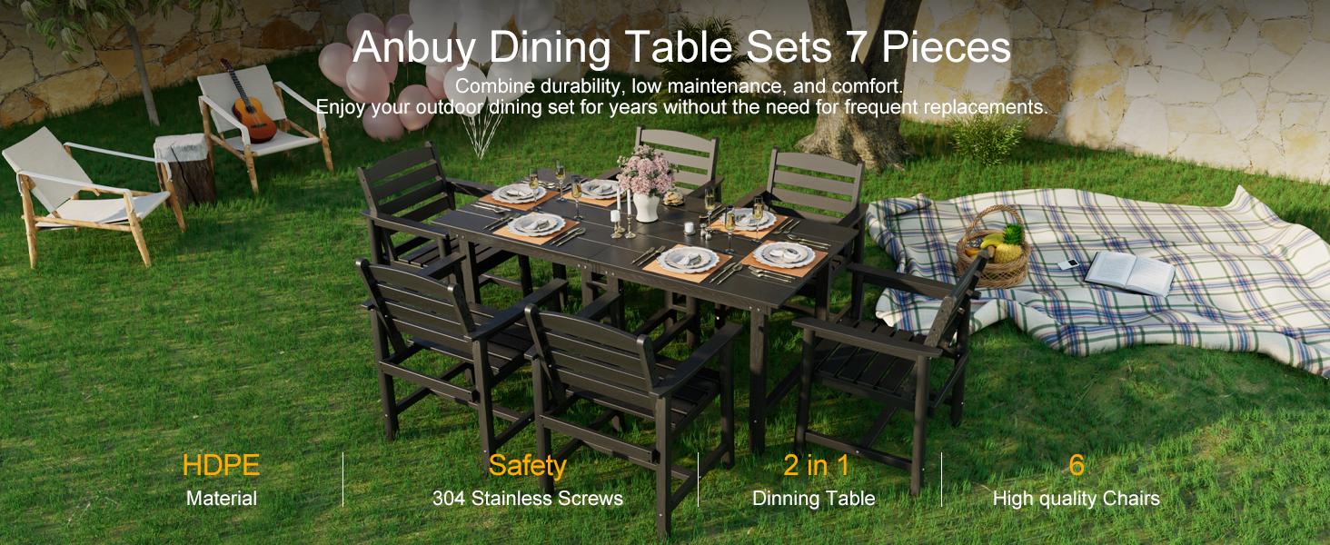 ANBUY Patio HDPE Dining Table Set 7-Piece Outdoor Furniture 2 in 1 Table & 6 Chairs for Garden Backyard Poolside Durable All-Weather Design Easy Assembly
