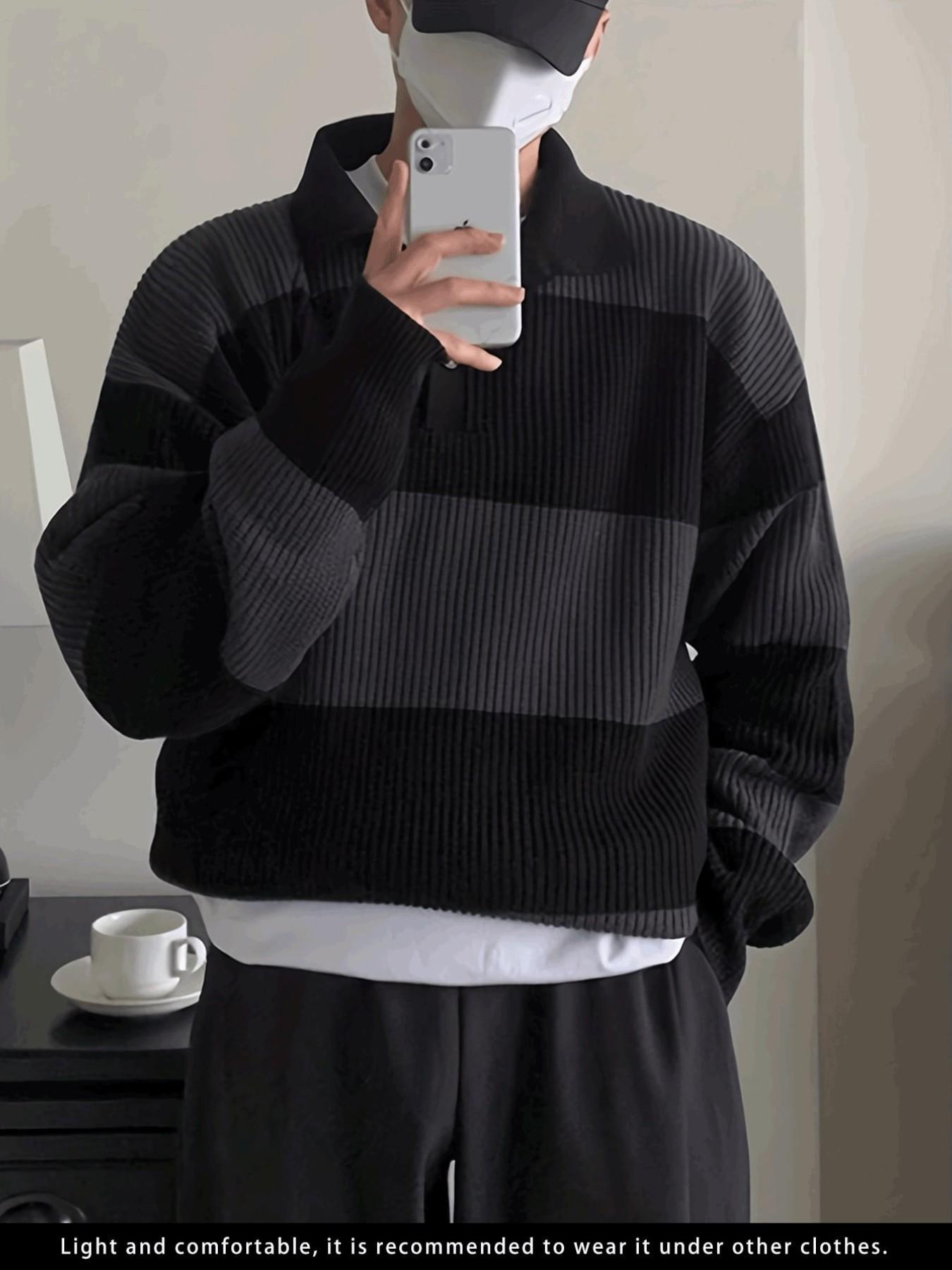 Men's Striped Lapel Half-Open Knit Polo Shirt, High-End Colorblock Sweater, Knitwear, American Vintage Style, Loose Fit, All Seasons, Casual