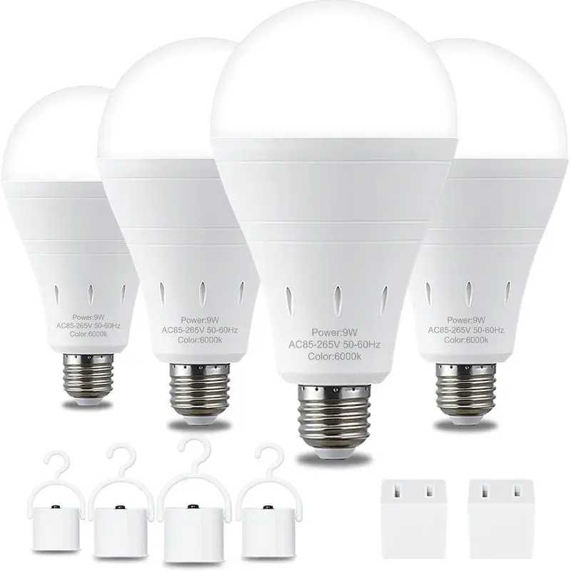 Rechargeable Emergency LED Light Bulbs 4-Pack, E26 Base Battery-Powered 6000K Daylight 120V 9W (60W Equivalent), 1200mAh for Power Outage, Camping