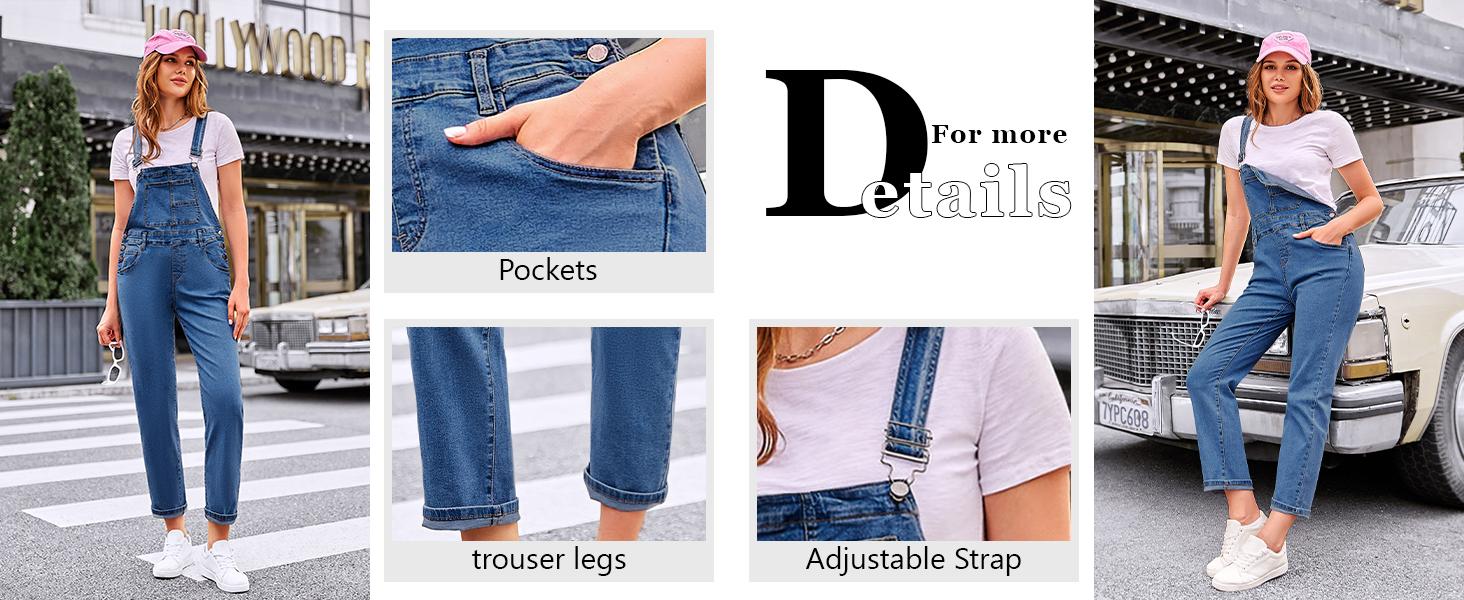 Danedvi Women's Casual Denim Overalls Adjustable Straps Jeans Pants Jumpsuits with Pockets