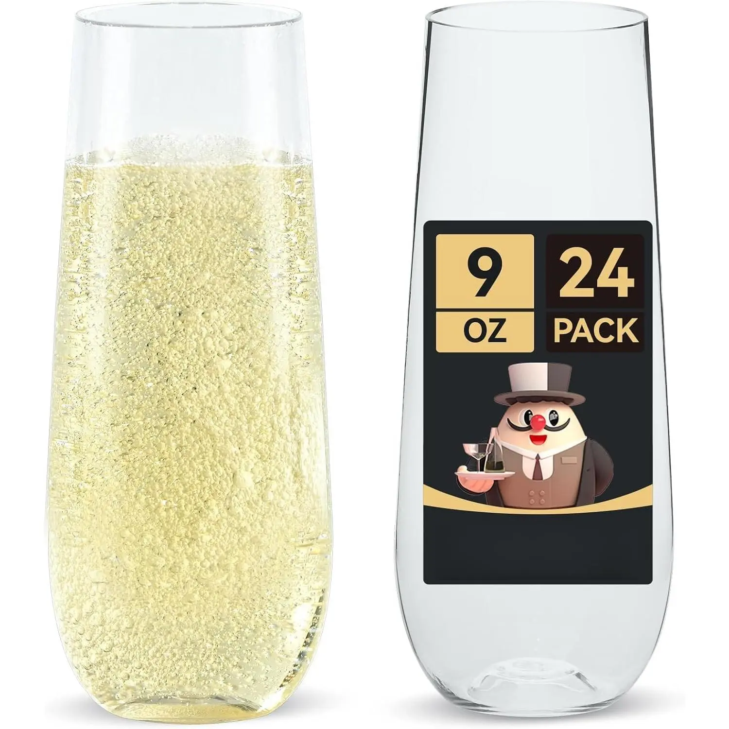 24 Pack 9 oz Stemless Plastic Champagne Flutes  Glasses | Clear Stemless Plastic Toasting Glasses, Disposable Unbreakable Drinkware Ideal for Wedding, Birthday, Party, Thanksgiving