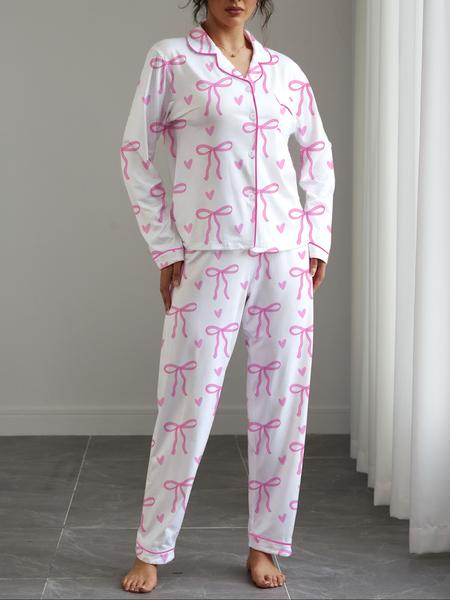 Women's Cute Bow Print Pajama Set, Soft Elastic Fabric, Long Sleeve Shirt Collar Top & Pants, Perfect for Home & Outdoor Wear Loungewear