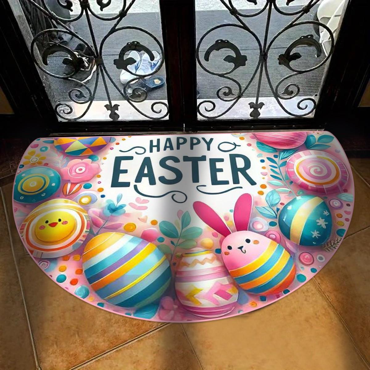 Easter Egg Bunny Pattern Half Round Door Mat, Festive Soft Bottom Durable, Indoor Outdoor Use, Living Room Kitchen Bedroom Balcony Decor, Easter Theme
