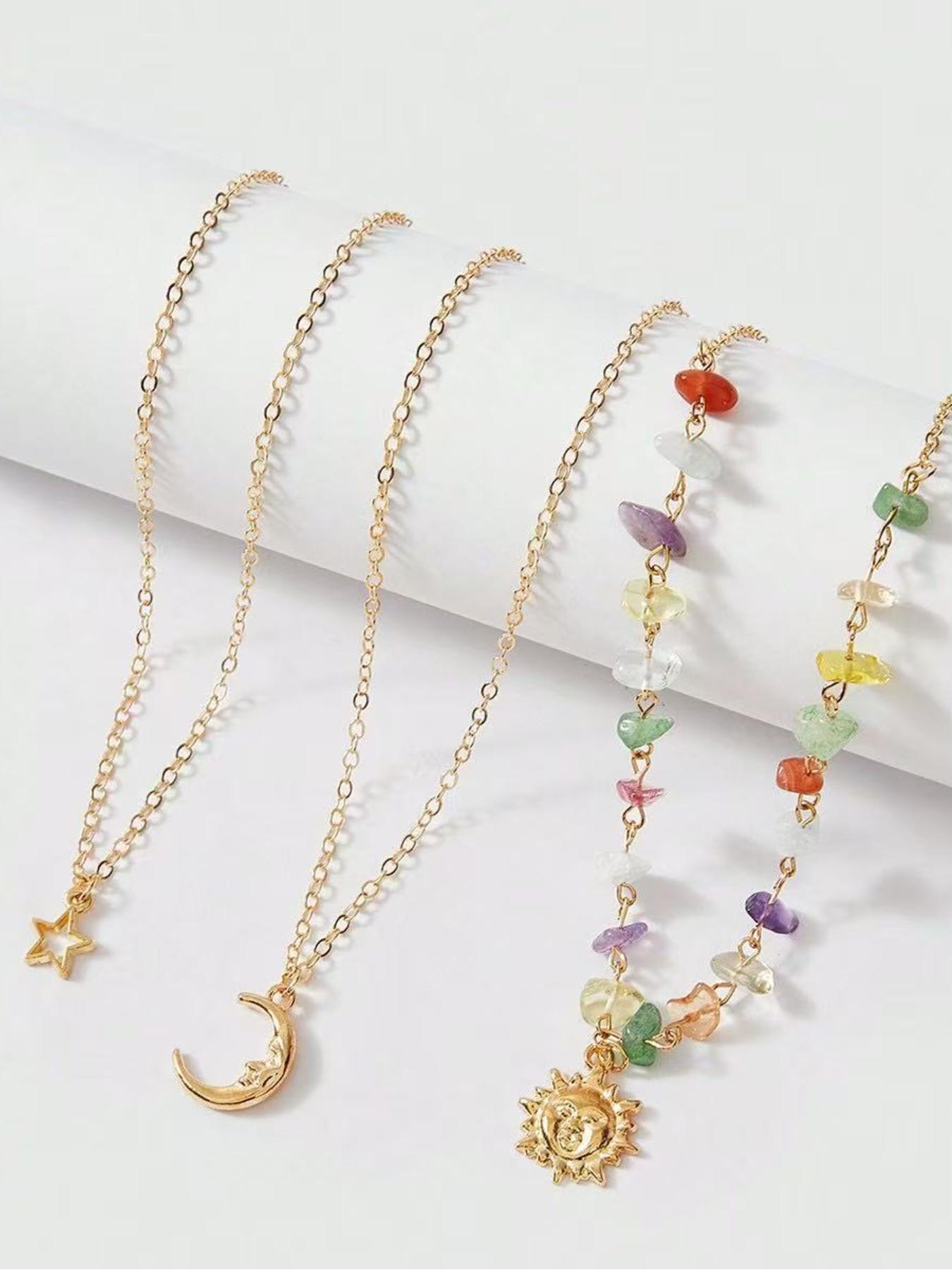Boho 3 Layered Sun Moon Star Necklace for Women, 7 Chakra Healing Crystal Beaded Pendant Necklace, Bohemian Gold Layered Necklace, Summer Beach Jewelry Gift for Her