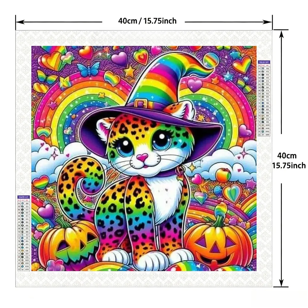 A 2D flat frameless hand-made DIY diamond painting kit with cartoon fantasy style, featuring rainbow wizard hat leopard print cat, pumpkins, hearts and rainbow elements, ideal for home decor and handcraft lovers as creative gifts.