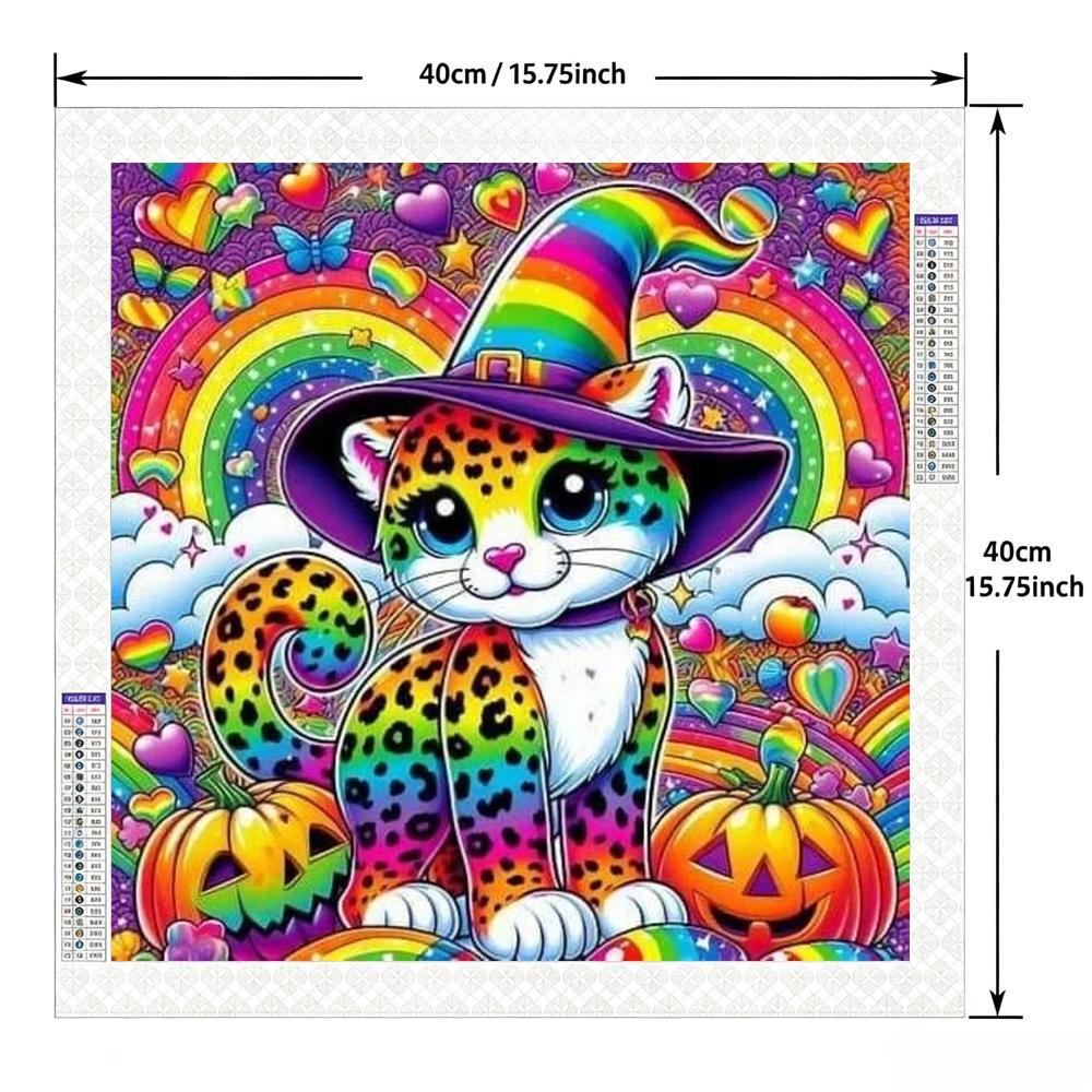 A 2D flat frameless hand-made DIY diamond painting kit with cartoon fantasy style, featuring rainbow wizard hat leopard print cat, pumpkins, hearts and rainbow elements, ideal for home decor and handcraft lovers as creative gifts.